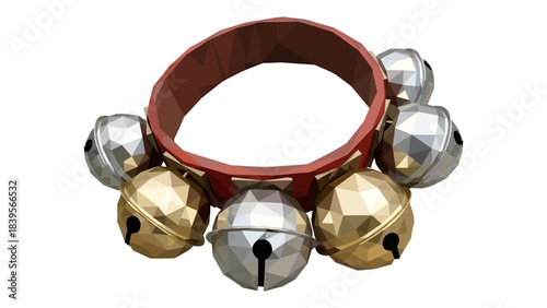 Low poly Christmas bells on a red band, isolated on a white background