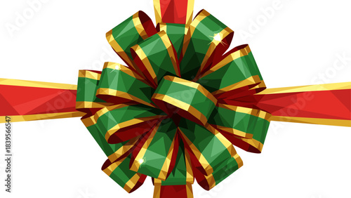Festive green and red gift bow with gold trim on a white background