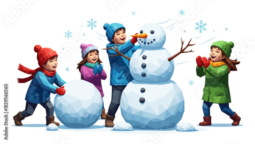 Children building a snowman on a snowy winter day, having fun outdoors
