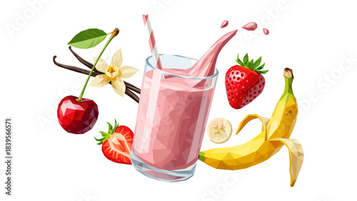 Delicious low-poly fruit smoothie with strawberry, banana, and cherry