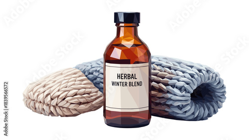Herbal winter blend bottle with cozy knitted hat on white background