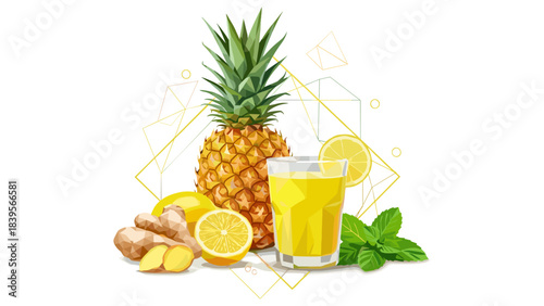 Refreshing pineapple, lemon, ginger, and mint juice with geometric design