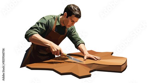 Artisan cutting leather with a knife, crafting a leather product on a white background.