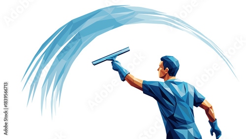 Abstract illustration of a window cleaner using a squeegee on a white background