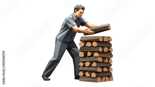 Man stacking firewood in a low poly style against a white background