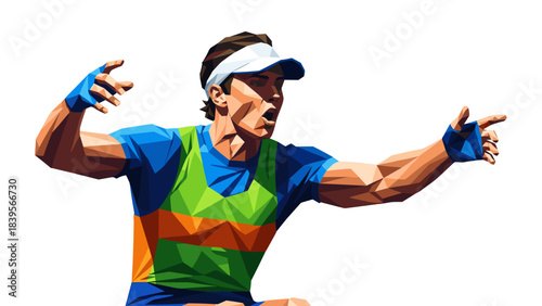 Geometric illustration of a male athlete celebrating a victory