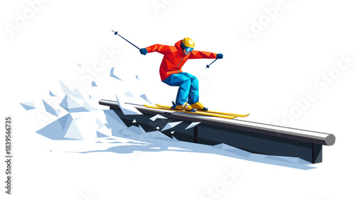 Geometric illustration of a skier performing a rail slide on a snowy slope