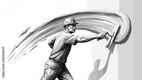 Construction worker applying plaster with a trowel, artistic illustration