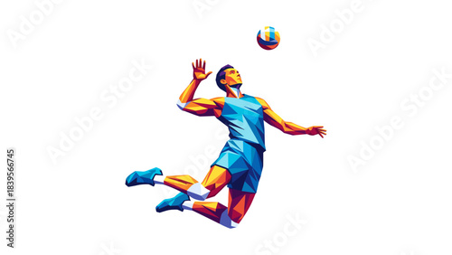 Dynamic volleyball player spiking the ball in a colorful geometric illustration