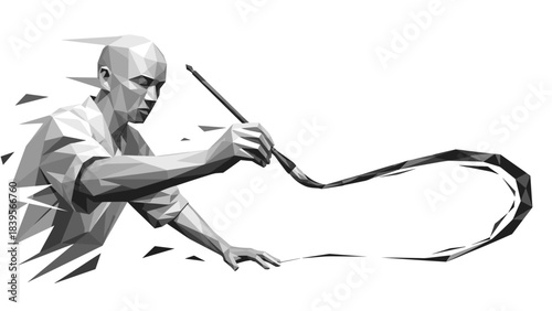 Abstract geometric illustration of a person drawing with a brush on white background