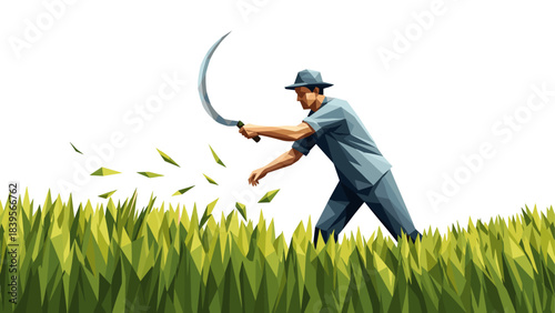 Man mowing grass with a scythe in a low-poly style against a white background
