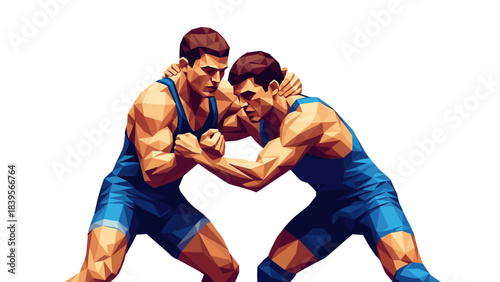 Abstract illustration of two male wrestlers in a grappling match