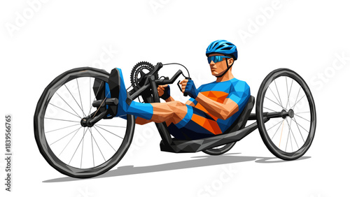 Low-poly illustration of a cyclist riding a recumbent tricycle on a white background