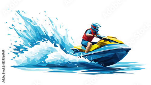 Geometric illustration of a person riding a jet ski on the water