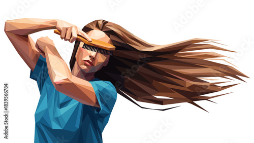 Geometric illustration of a woman brushing her long brown hair