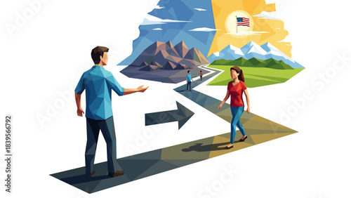 Abstract illustration of a person walking towards the American dream