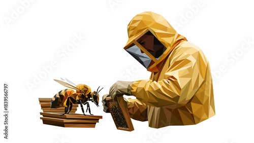 Geometric illustration of a beekeeper inspecting a honeycomb frame with a bee