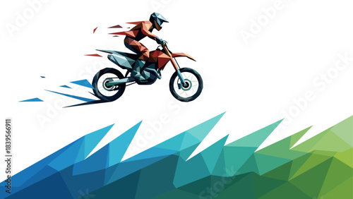 Geometric illustration of a motocross rider in action on a white background