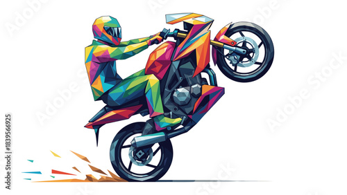 Colorful low poly illustration of a motorcycle doing a wheelie on a white background