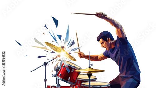 Energetic drummer playing a drum kit with polygonal art style on white background