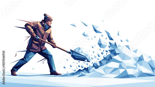 Man shoveling snow in winter, geometric illustration on white background