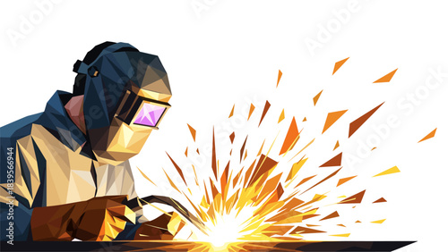 Welder at work with sparks flying, low poly illustration on white background