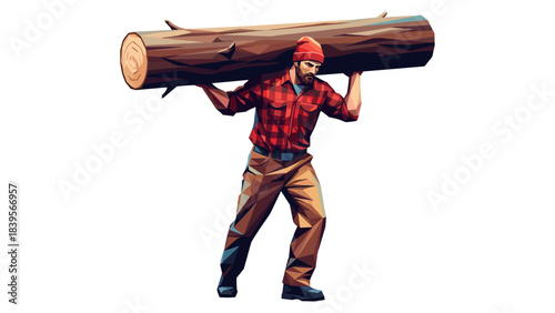 Lumberjack carrying a large log, illustration of a strong man in a red plaid shirt