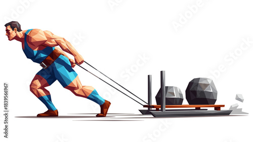 Strongman pulling stones, geometric illustration on white background