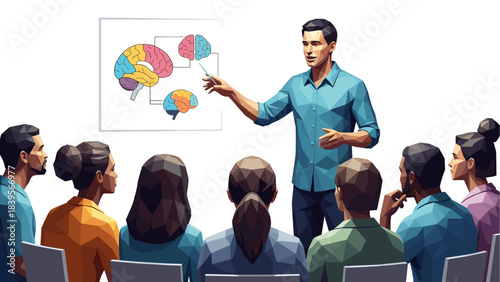 Presenter explaining brain anatomy to an audience during a seminar