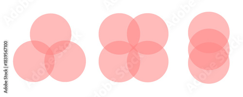Two, three and four intersecting circles set. Circle Venn diagram with 2, 3, 4 parts. Infographic chart red icon. Overlap balance elements diagram. Vector illustration isolated on white background.
