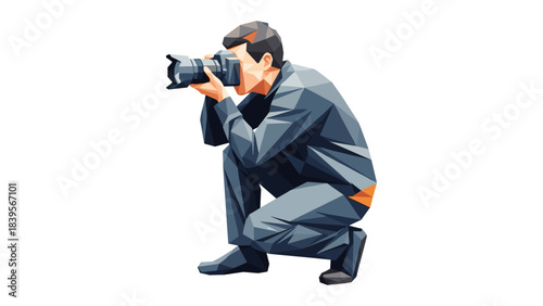 Low-poly illustration of a photographer taking a picture on a white background