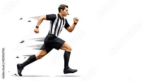 Geometric illustration of a soccer referee running on a white background