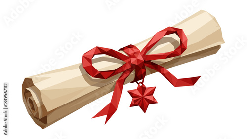 Low poly illustration of a scroll tied with a red ribbon and star charm