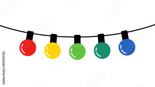 a simple illustration depicts a string of colorful light bulbs hanging against a white background showcasing red yellow green and blue