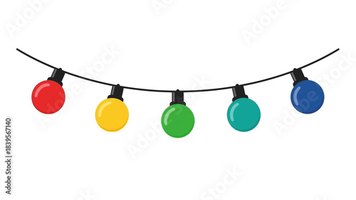 a colorful string of round light bulbs hangs against a plain white background presenting a vibrant and festive display high quality