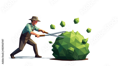 Gardener trimming a bush with large shears, low poly illustration on white