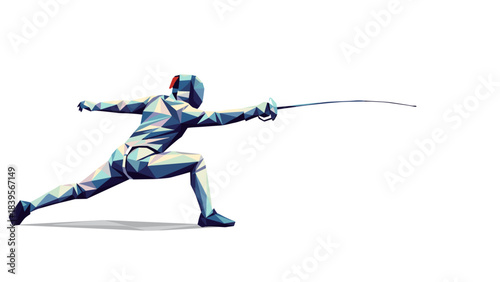 Geometric illustration of a fencer in action with a foil on a white background