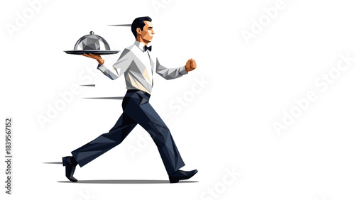 Waiter running with a cloche, geometric illustration on white background