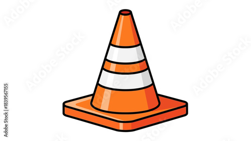 A brightly colored orange traffic cone with white reflective bands is prominently displayed suggesting road work or safety precautions high quality
