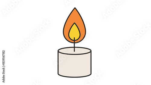 A simple illustration depicts a lit candle with a vibrant orange and yellow flame resting atop a gray base offering warmth