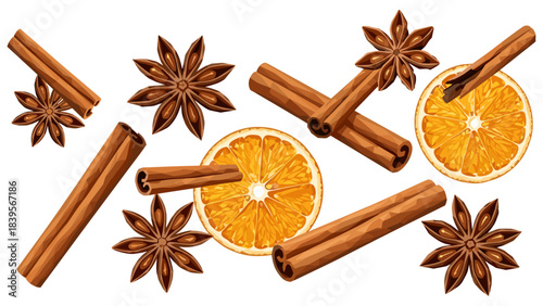 Cinnamon sticks, star anise, and orange slices on a white background