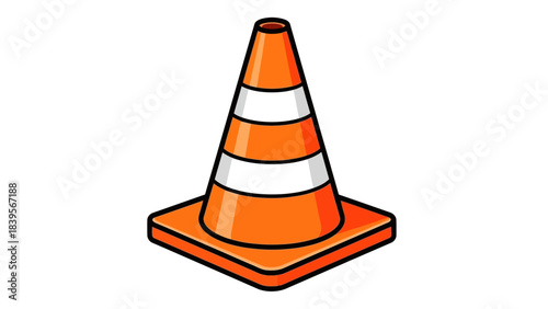 A brightly colored orange and white traffic cone sits prominently displayed on a plain white background illustrating road safety high quality