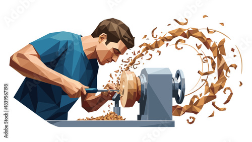 Woodworker using a lathe to shape a wooden bowl in a low poly style