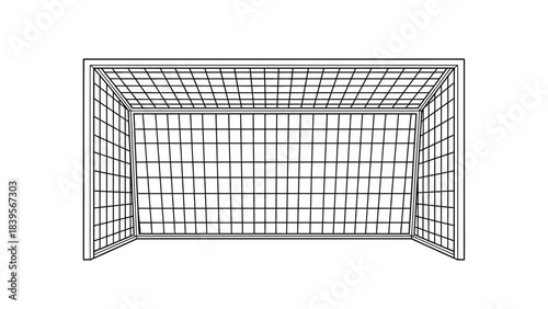 A detailed illustration of a metallic soccer goal showing the grid like netting and frame structure presented in a technical drawing style