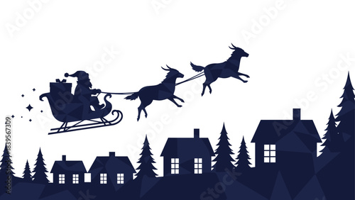 Santa Claus flies over a town in a sleigh pulled by reindeer on Christmas Eve