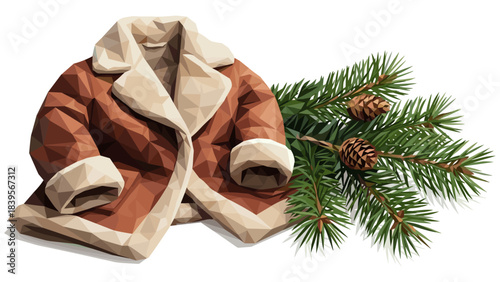 Winter coat with fur trim and pine branch with cones, low poly illustration
