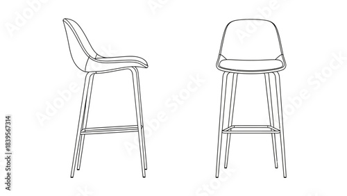 A minimalistic illustration depicts two modern bar stools presented in a wireframe style showcasing their sleek design and structural elements