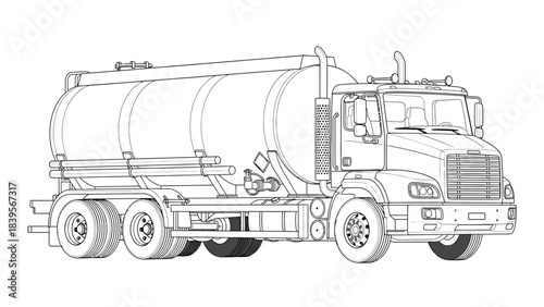 a detailed line drawing showcases a large tanker truck featuring a cylindrical tank and robust chassis presented in black and white