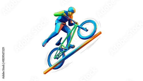 Abstract illustration of a BMX rider performing a trick on a white background