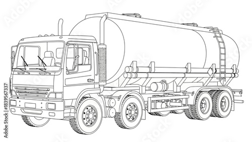 a detailed line drawing depicts a large tanker truck viewed from the side showcasing its industrial design and functional components